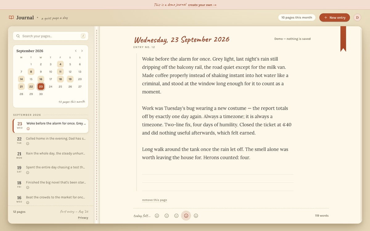 Journal's demo: a dated diary page beside a calendar of entries